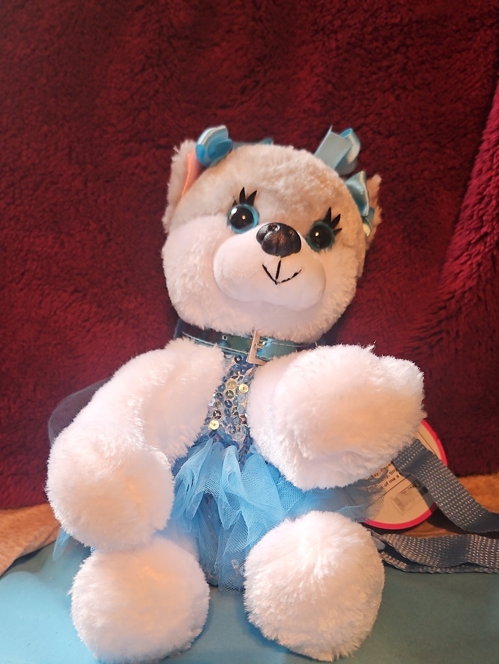 White Plush Dog with Blue Tulle Dress and Sequins Backpack